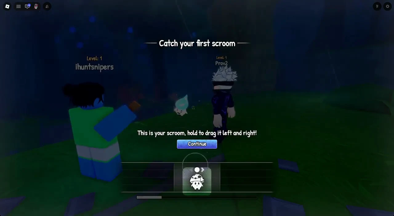 Player selecting the scroom creature icon in the highlighted bottom hotbar slot during the catch