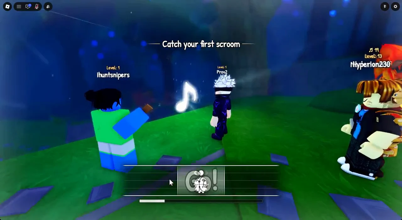 Player approaching a glowing musical-note scroom with the capture meter at the bottom of the screen