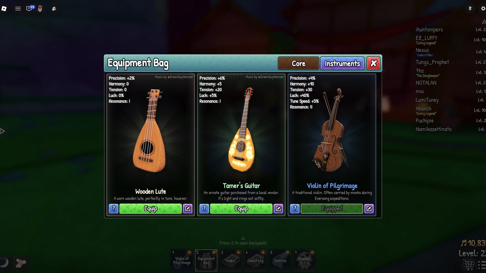 SCROOMS Equipment Bag: Wooden Lute vs Tamer’s Guitar Stats Compared