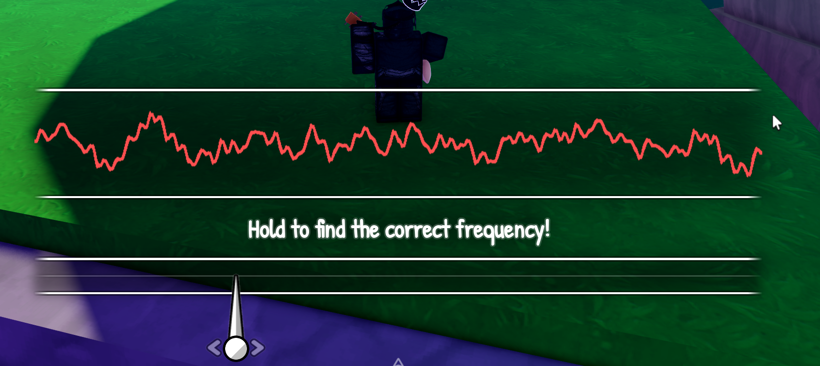 A frequency-tuning interface overlays the game, showing a red waveform and a slider with the instruction “Hold to find the correct frequency!” A dark-