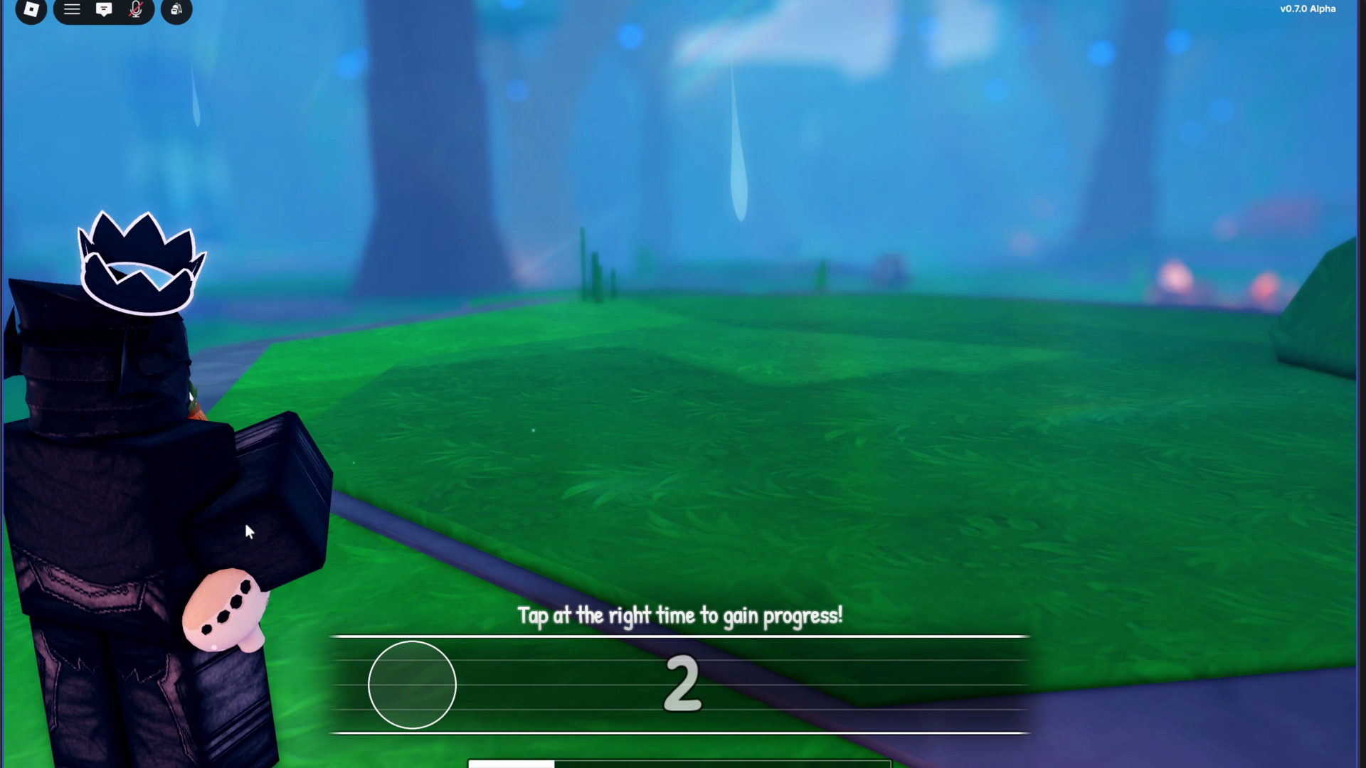 A dark-clad character stands in a misty green outdoor area