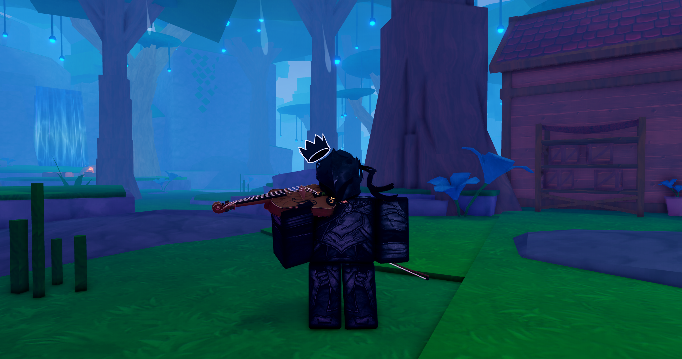 A dark-armored, blocky character plays a violin in a blue-lit forest clearing
