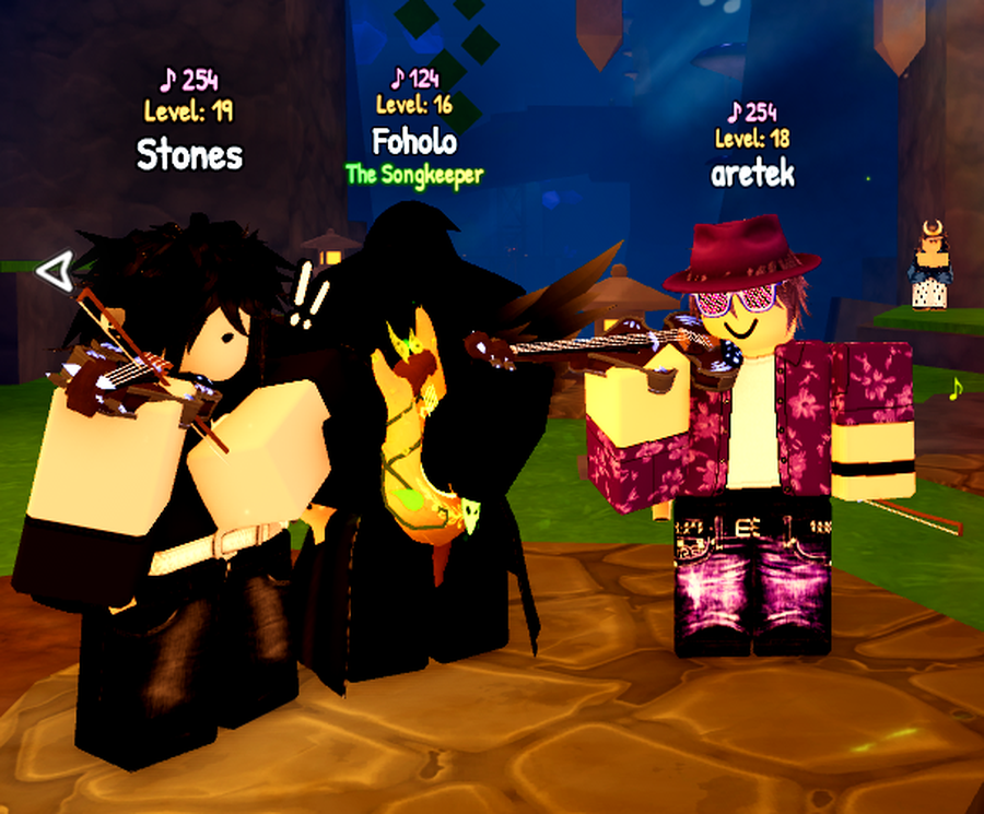 Several blocky characters stand together holding string instruments, with musical-note icons, names, and levels displayed above them