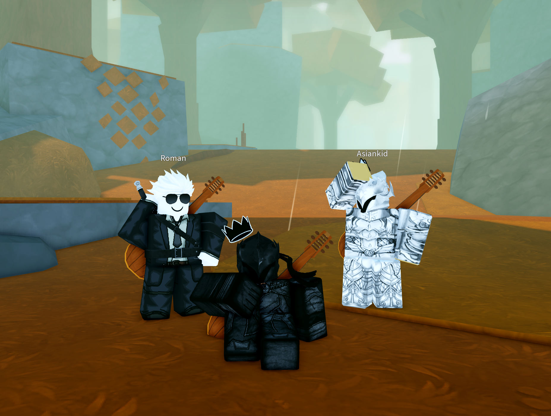 Three blocky avatars pose in a forest clearing: one with white hair and sunglasses, one in white armor, and one in dark armor with a crown outline abo