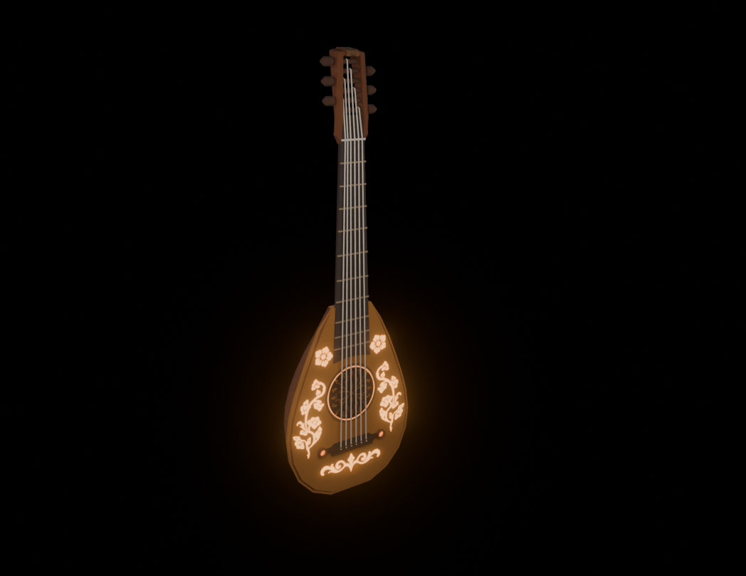 A brown, long-necked stringed instrument with glowing floral decorations is shown against a black background.