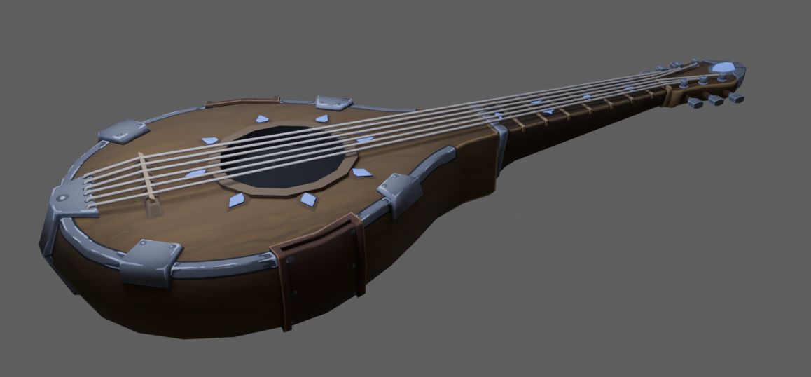 A stylized wooden string instrument with a rounded body, long neck, metal fittings, and several strings.