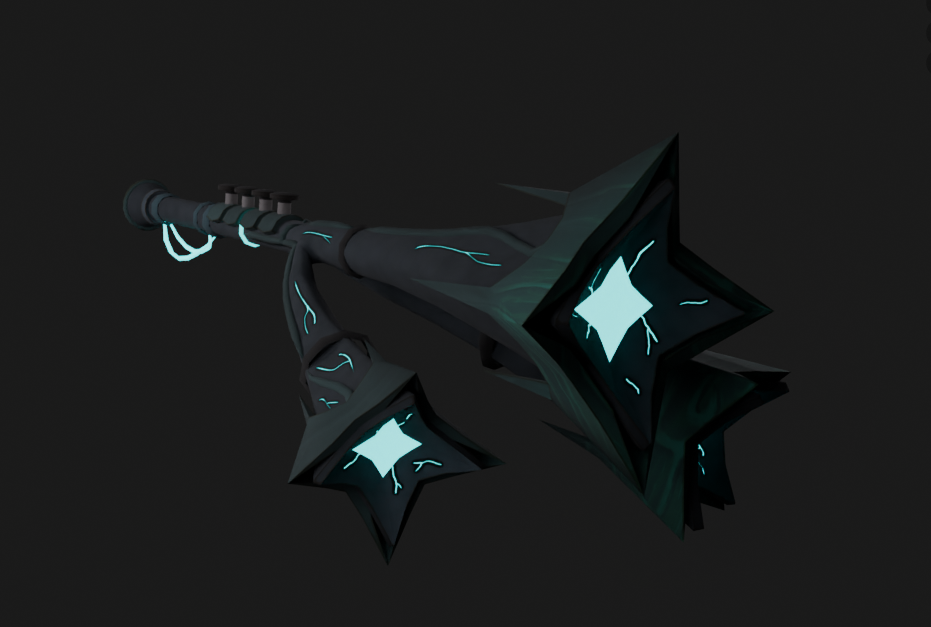 A dark, spiked pole-like object with cyan glowing markings and star-shaped centers.