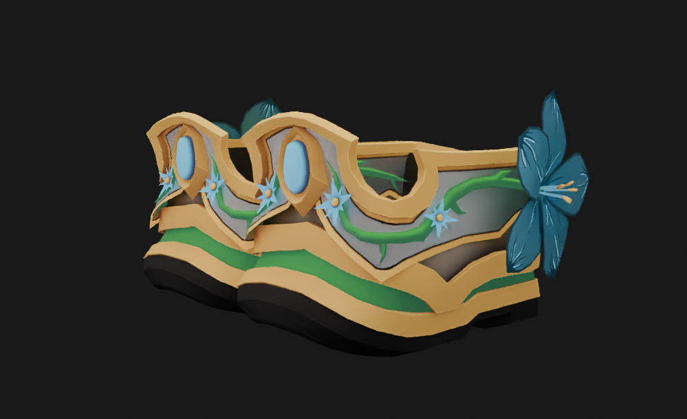 A pair of stylized shoes with gold trim, green bands, and blue feather-like decorations is shown against a dark background.