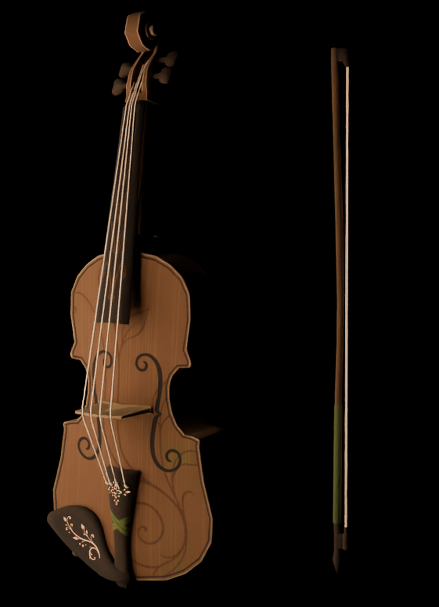 A decorated wooden cello and its bow are shown against a black background.