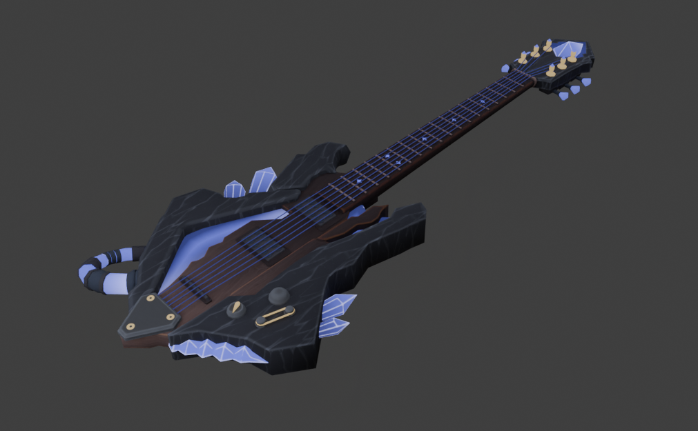 A dark, angular stringed instrument with blue strings and pale blue crystal-like accents is shown against a plain dark background.