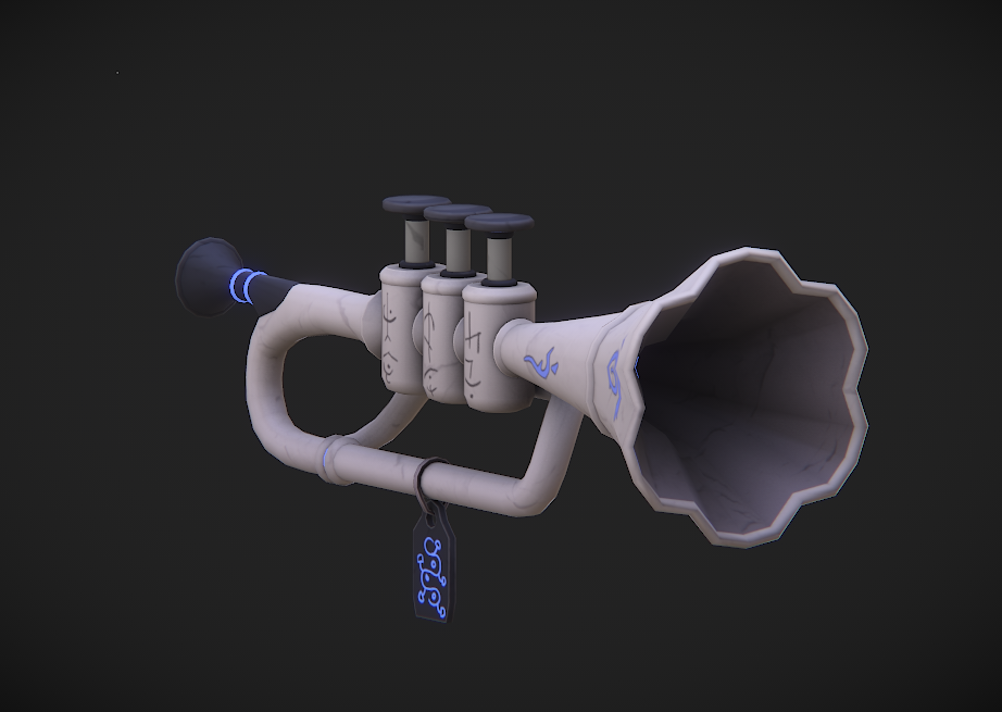 A stylized pale horn with three top-mounted valves, blue accents, and a large flared bell