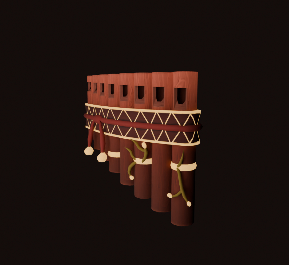 A stylized wooden structure has a row of vertical posts beneath a slotted top panel