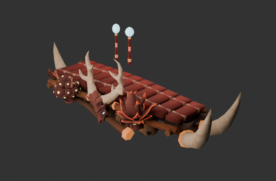 A low-poly wooden platform made of red-brown planks is decorated with horned skull-like shapes and spiky ornaments