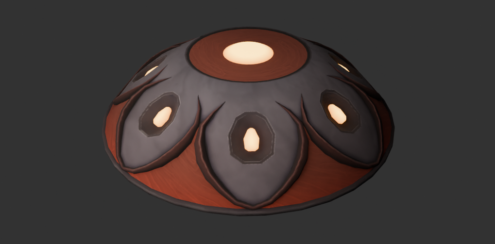 A stylized dome-like object sits on a reddish-brown circular base, with overlapping dark gray panels
