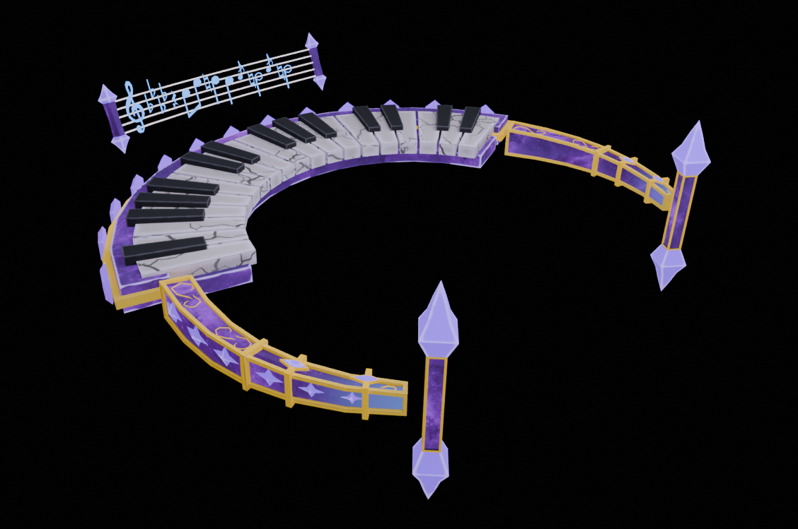 A curved piano keyboard with a musical staff and notes floating above it