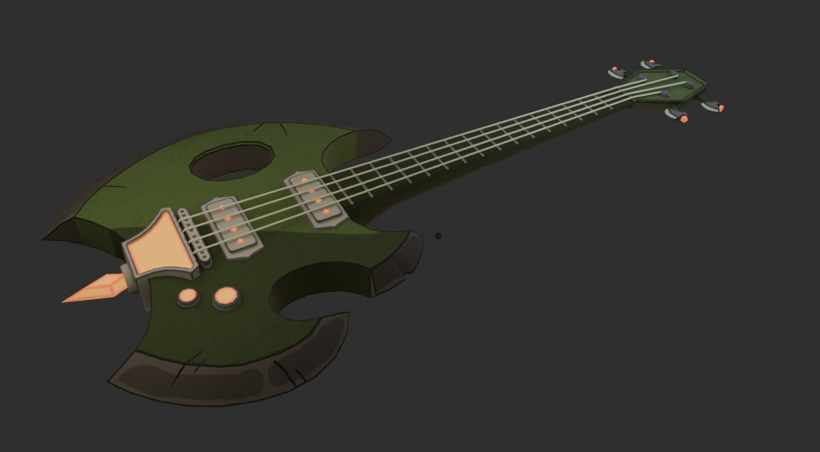 A stylized dark green electric guitar with a long neck, visible strings and pickups, and orange accents