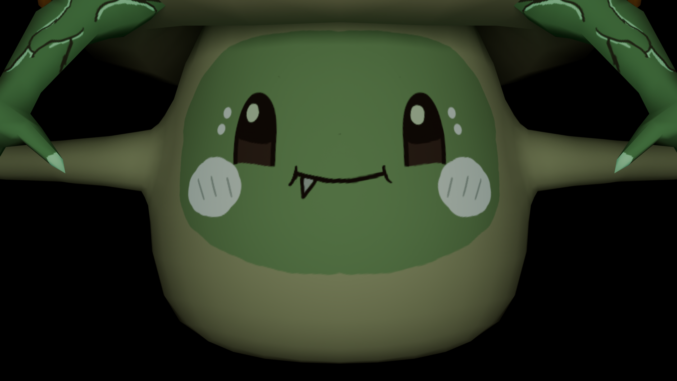 A close-up shows a round green cartoon character with large dark eyes, pale cheek marks, a small fanged smile, and green appendages framing its head.