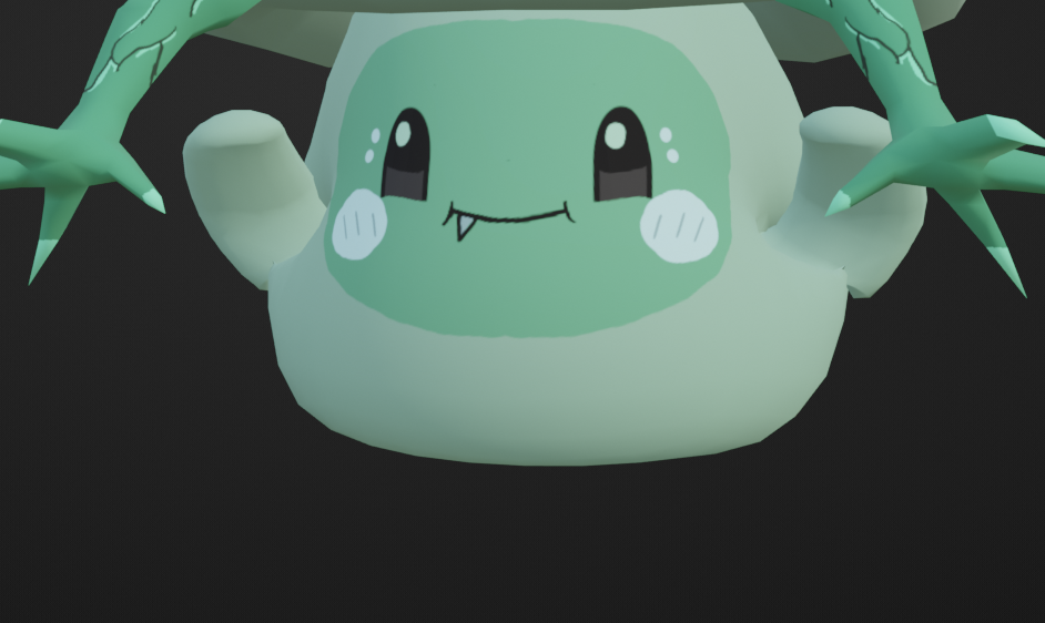 A close-up shows a round mint-green cartoon creature with large black eyes, pale blue cheeks, and tiny fangs
