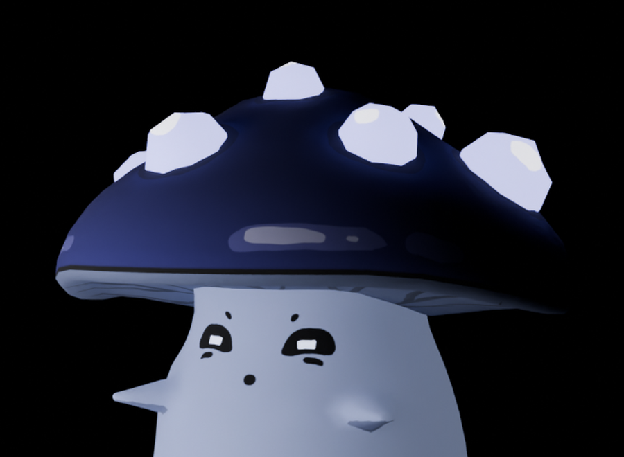 A close-up of a stylized mushroom character with a large dark blue cap dotted with white spots
