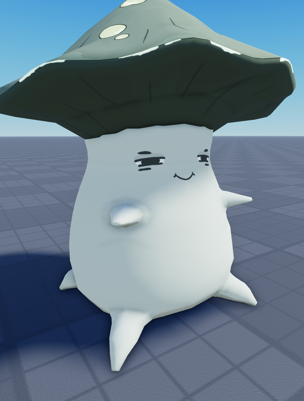 A rounded white creature with a smiling face and small pointed limbs stands beneath an oversized dark, snow-dusted rock-like cap.