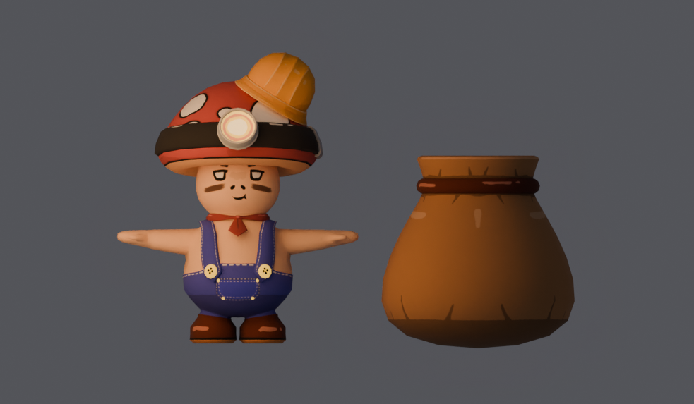 A cartoon character in blue overalls wears a red mushroom-shaped cap topped with an orange hard hat