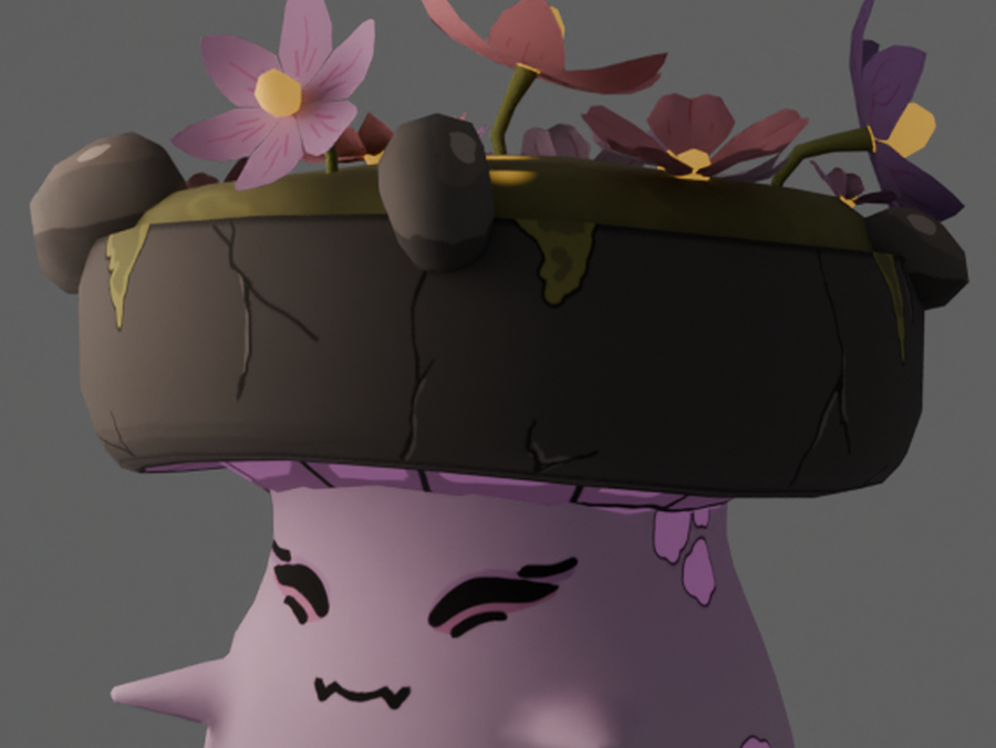 A close-up of a purple character wearing a cracked stone-like hat decorated with colorful flowers.