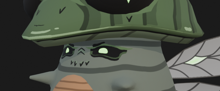 A close-up of a stylized gray-green creature wearing a large green hat, with pale green eyes and wing-like shapes behind it.