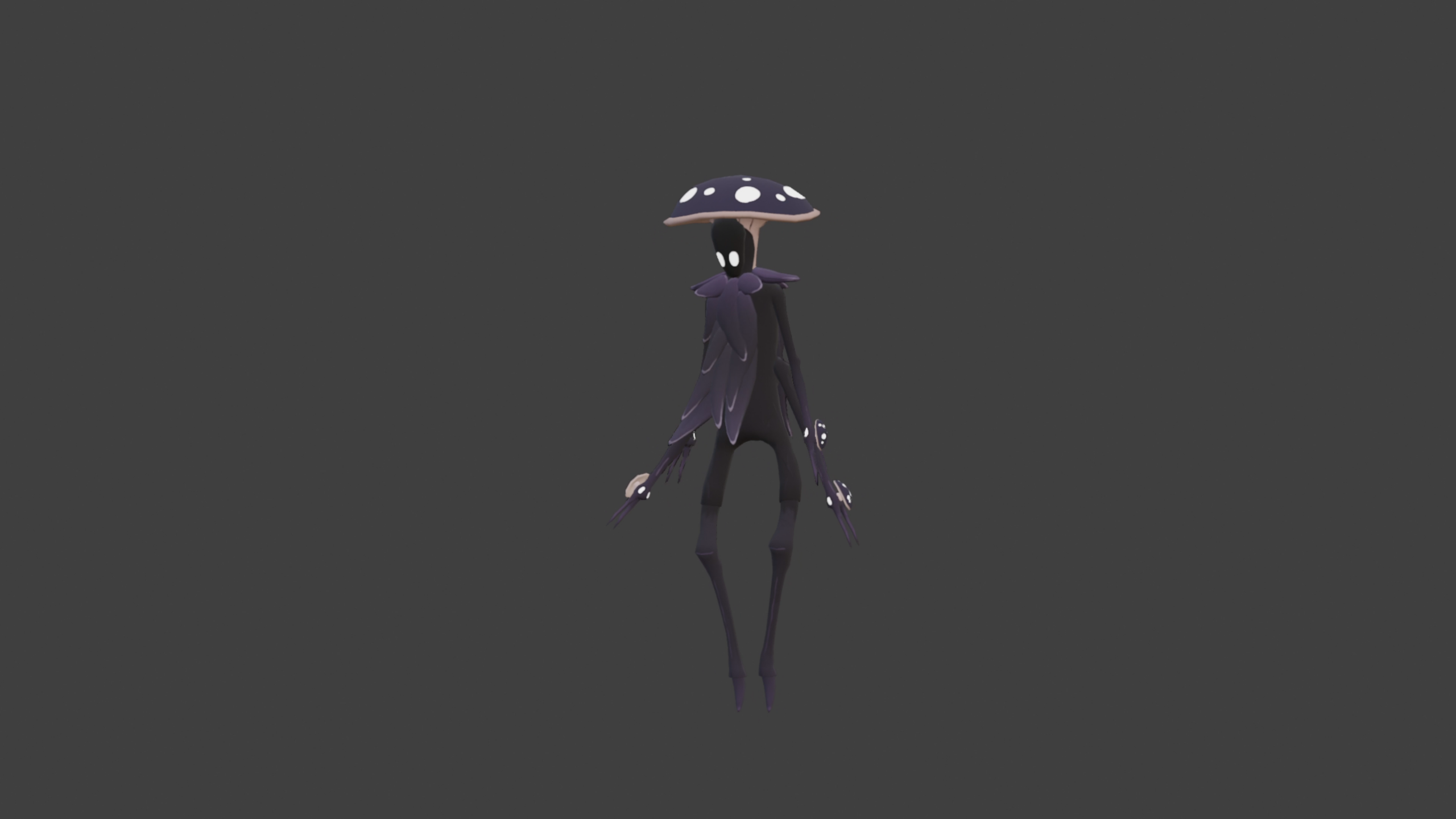 A tall, slender purple character wears a large white-spotted mushroom cap and a layered, petal-like cloak, with small mushrooms on its long arms