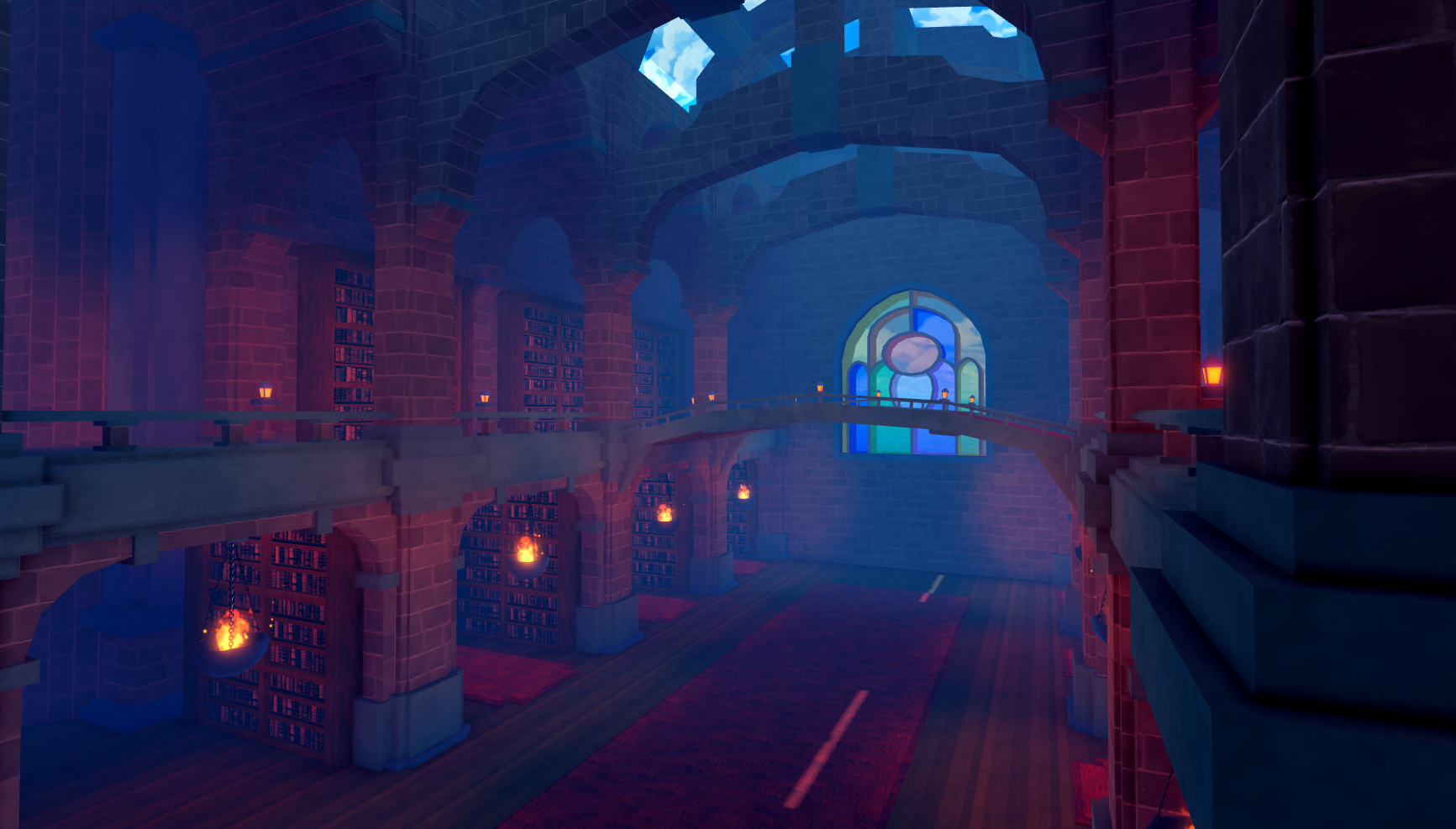 A vast stone library with towering bookshelves, arched walkways, and hanging braziers