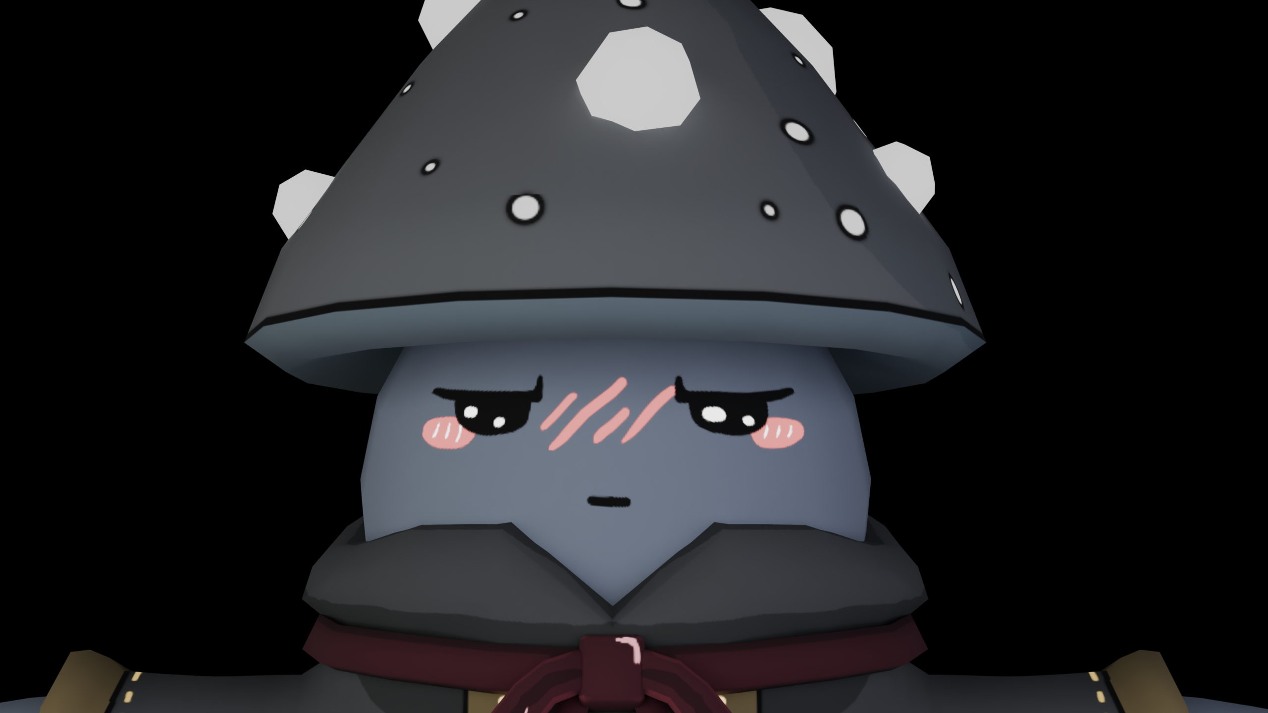A close-up of a stylized character wearing a large dark hat dotted with white spots and a red scarf