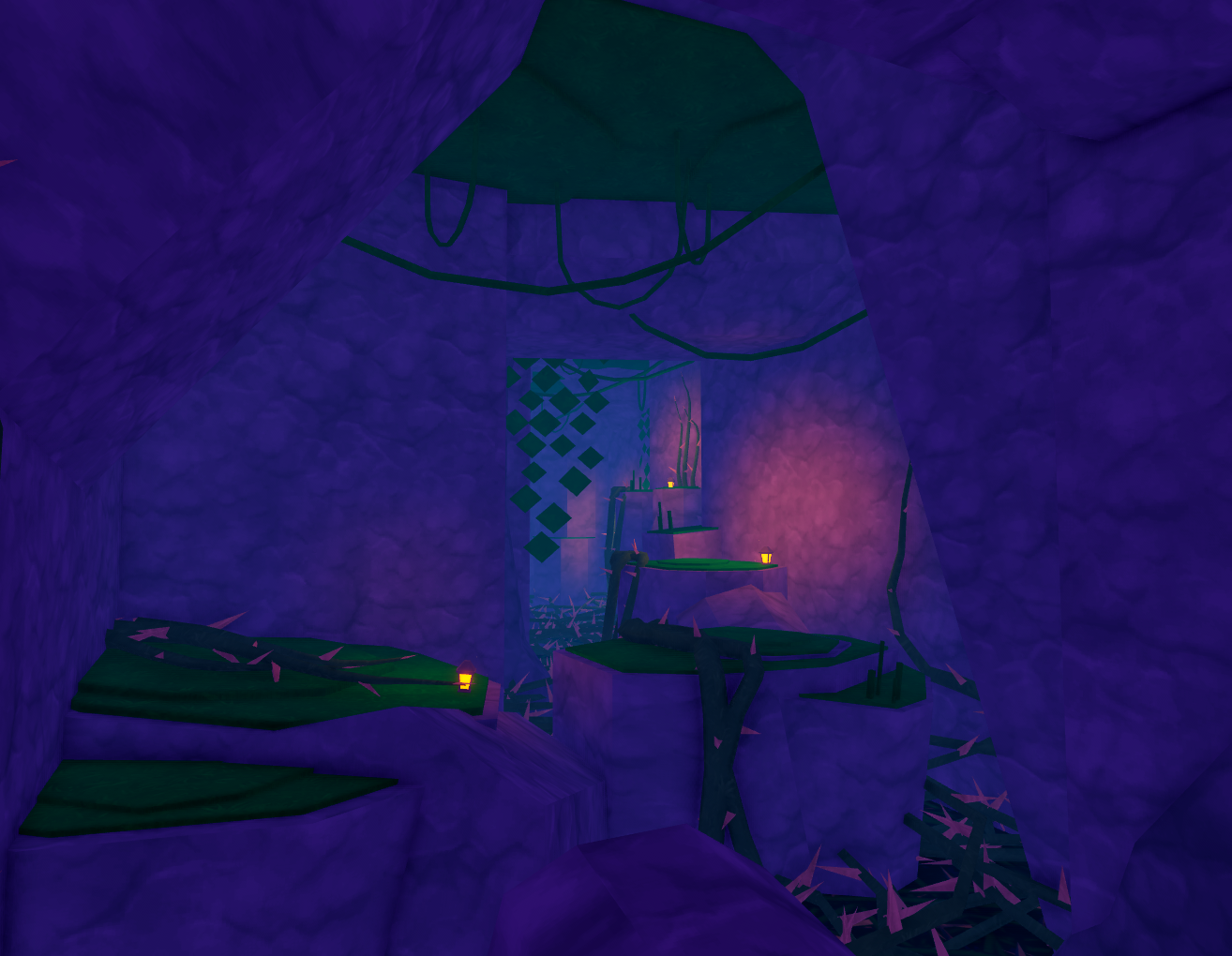 A dim purple cave contains narrow green platforms, tangled thorny branches, and small glowing lanterns