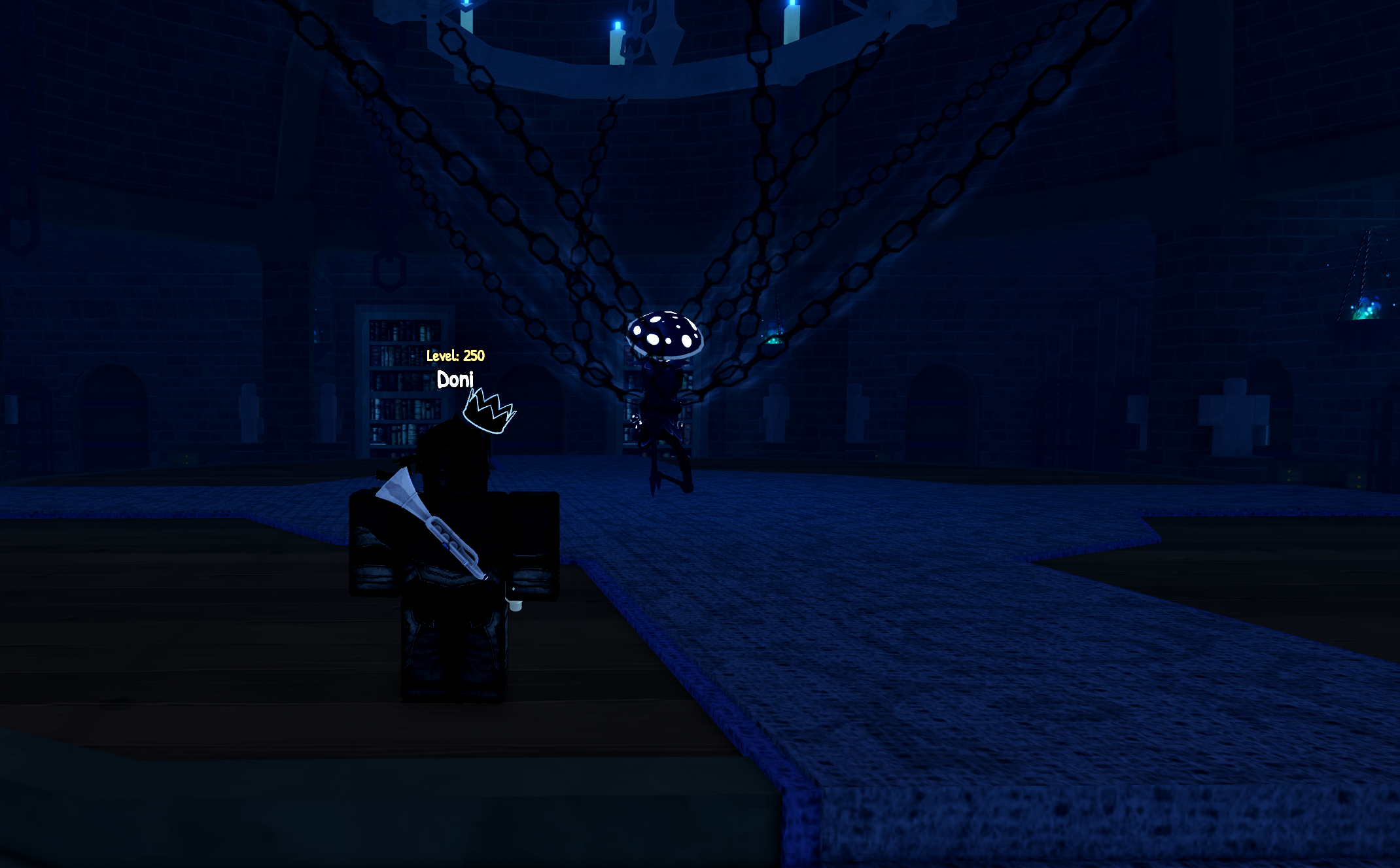 A dark-clad player character faces a tall figure with a spotted mushroom-shaped head in a dim blue stone chamber