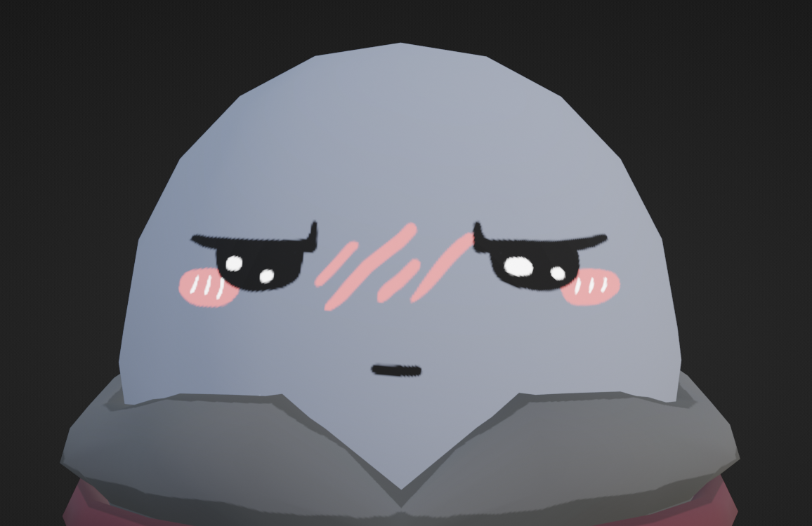 A close-up of a gray, rounded character with narrowed black eyes, pink blush marks, and a small mouth
