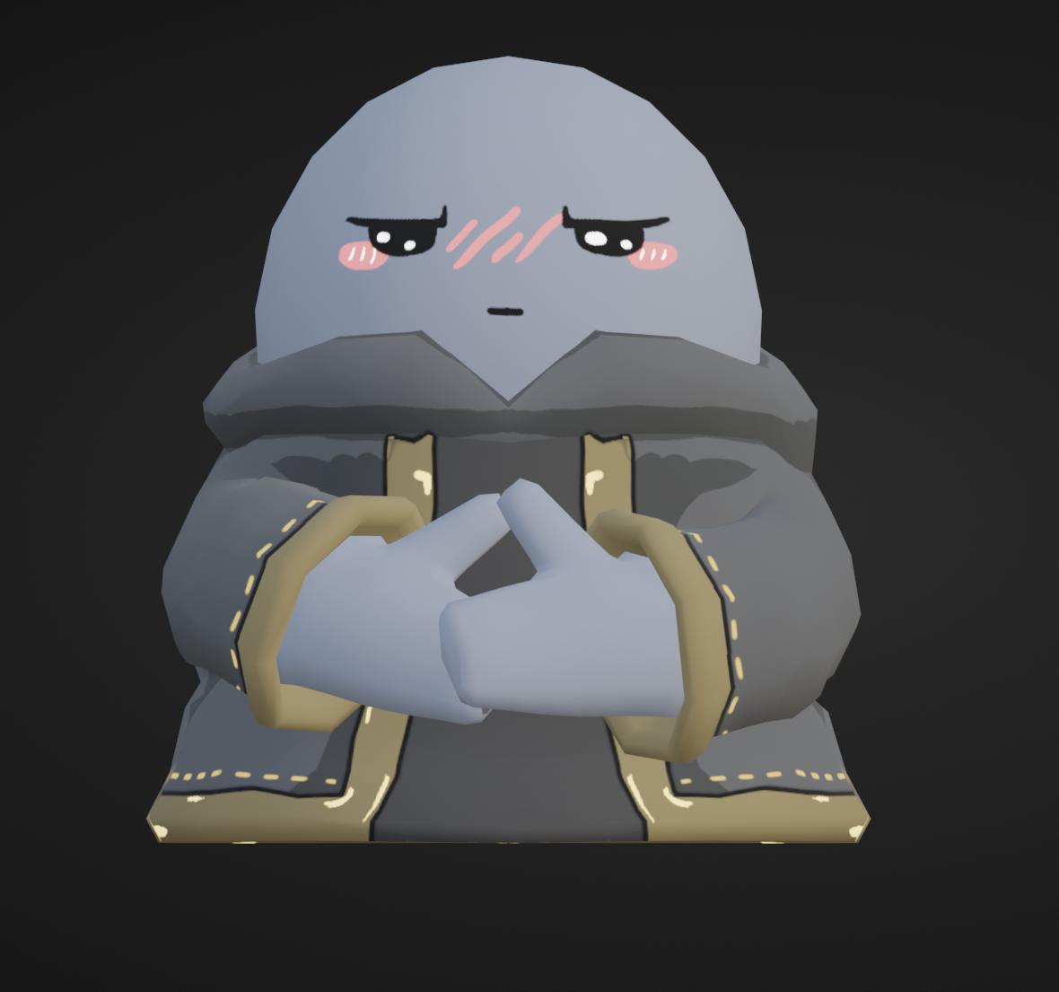 A squat, gray cartoon character in a dark coat faces forward, with pink cheek marks and its hands clasped in front of its chest.