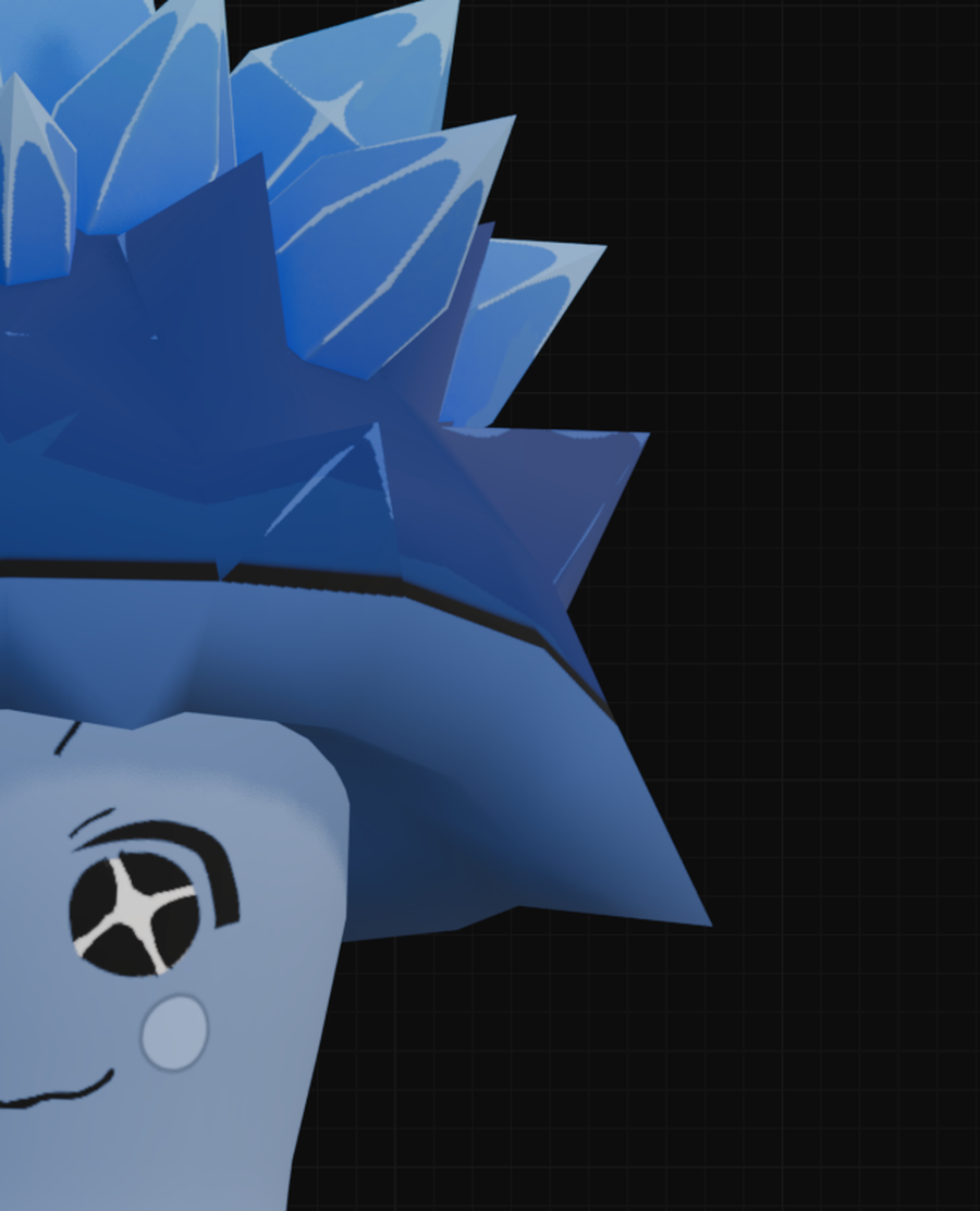 A close-up of a cartoon character with spiky blue hair and one visible eye with star-shaped highlights