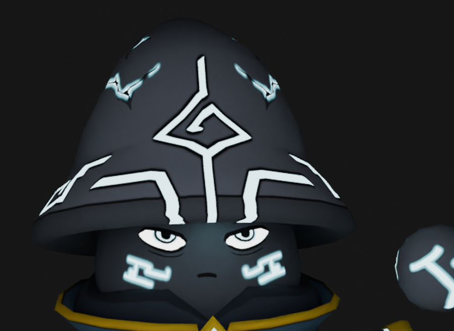 A close-up of a dark, hooded character with glowing pale markings and narrowed eyes