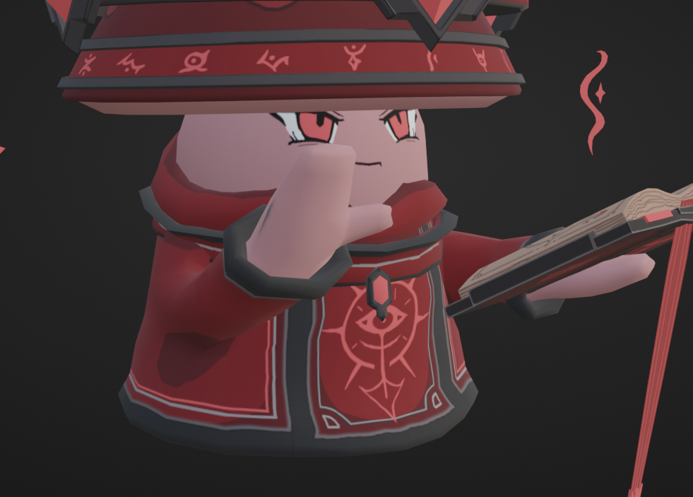 A stylized red-robed character wears a broad hat marked with symbols and holds a carved, book-like object.