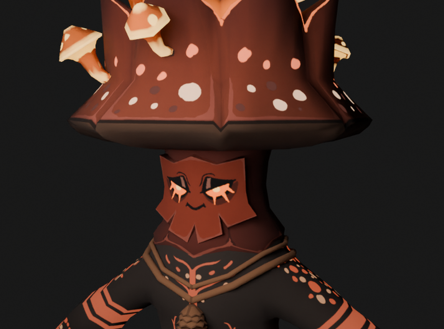 A close-up of a stylized mushroom-like character with a wide, spotted cap, a smiling face, and a patterned dark outfit.