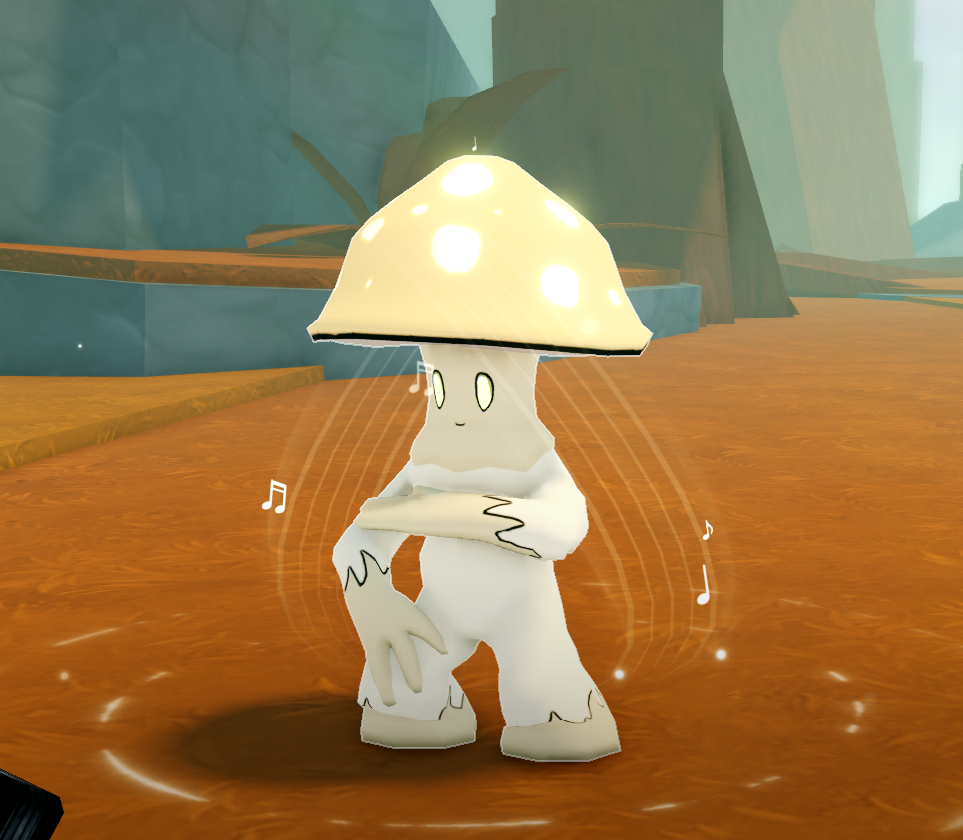 A pale mushroom-headed character stands in an orange, rocky area, surrounded by glowing musical notes and curved light effects.