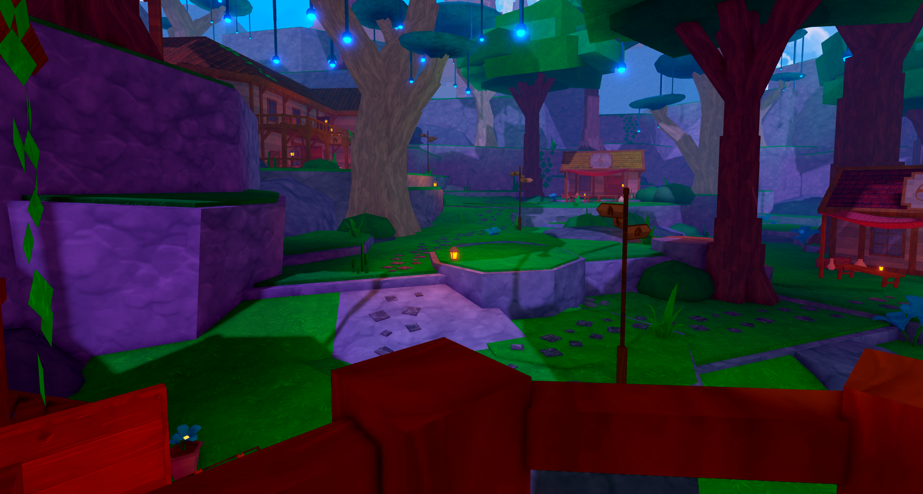 A stylized forest village at night, with wooden cottages, winding paths, and lanterns among large trees
