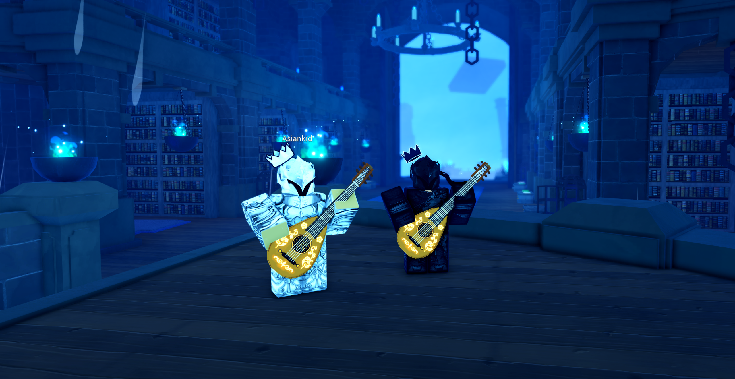 Two crowned game characters holding ornate golden stringed instruments stand in a blue-lit library, with glowing braziers and a bright doorway behind