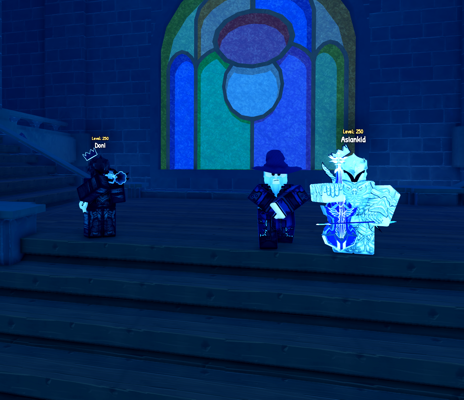 Three blocky characters stand on stone steps in a blue-lit brick interior, beneath a large stained-glass window