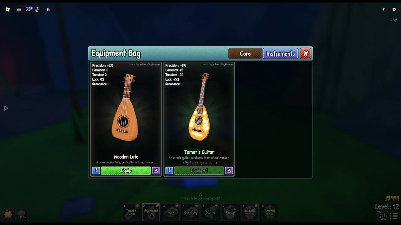Instruments tab showing the Tamer's Guitar equipped next to the Wooden Lute's stat card