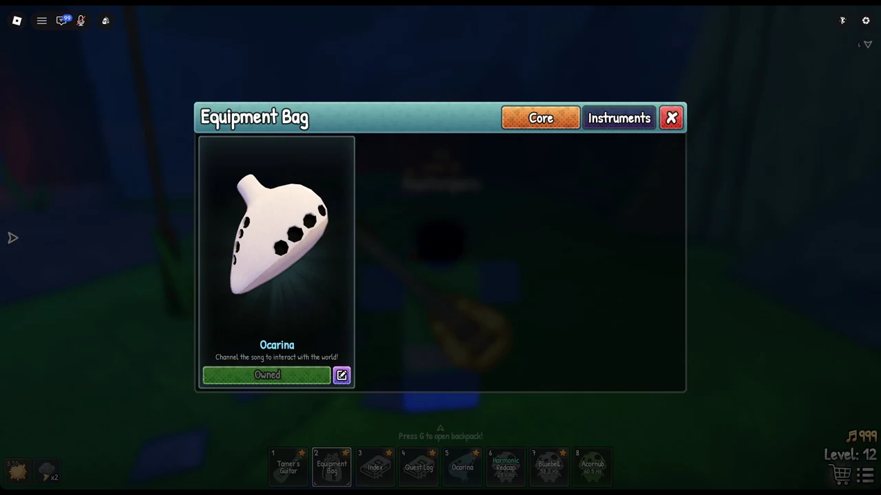 Core tab of the Equipment Bag showing the Ocarina card marked Owned