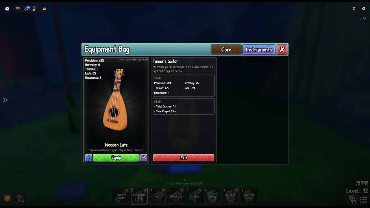 Wooden Lute card selected in the Instruments tab with the green Equip button ready