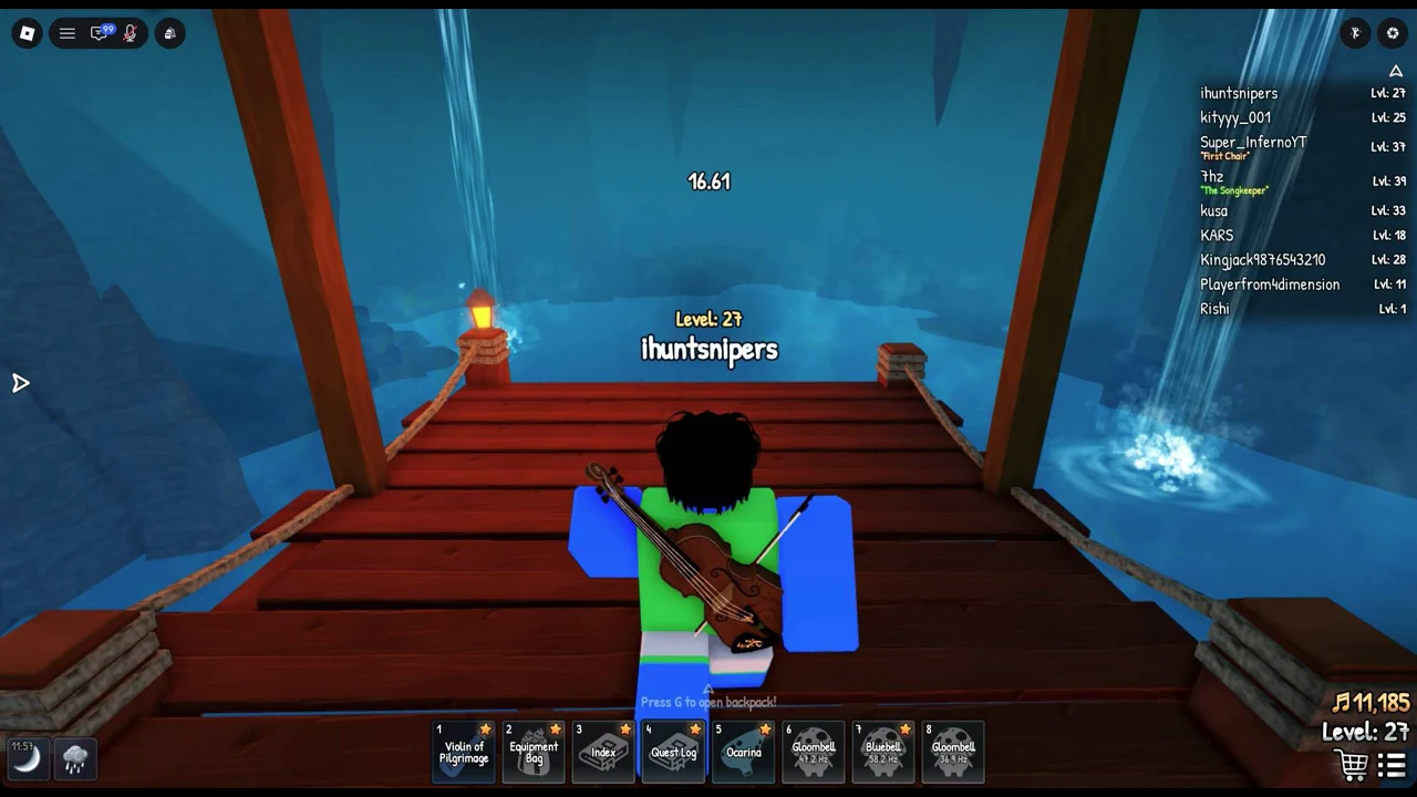 Player standing on a wooden platform among waterfalls with a backpack prompt visible