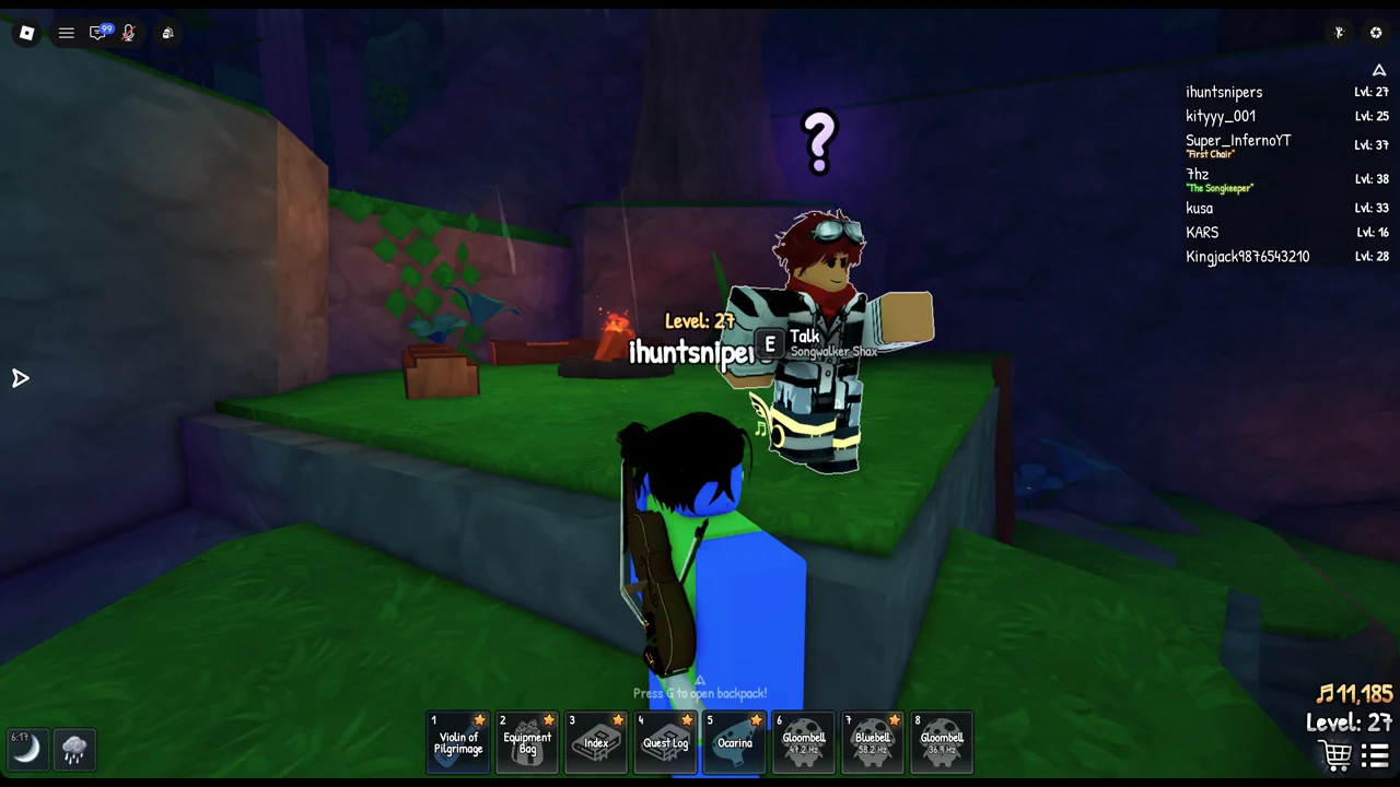 Songwalker Shax with an E Talk prompt showing by his campfire in Songkeeper's Grove
