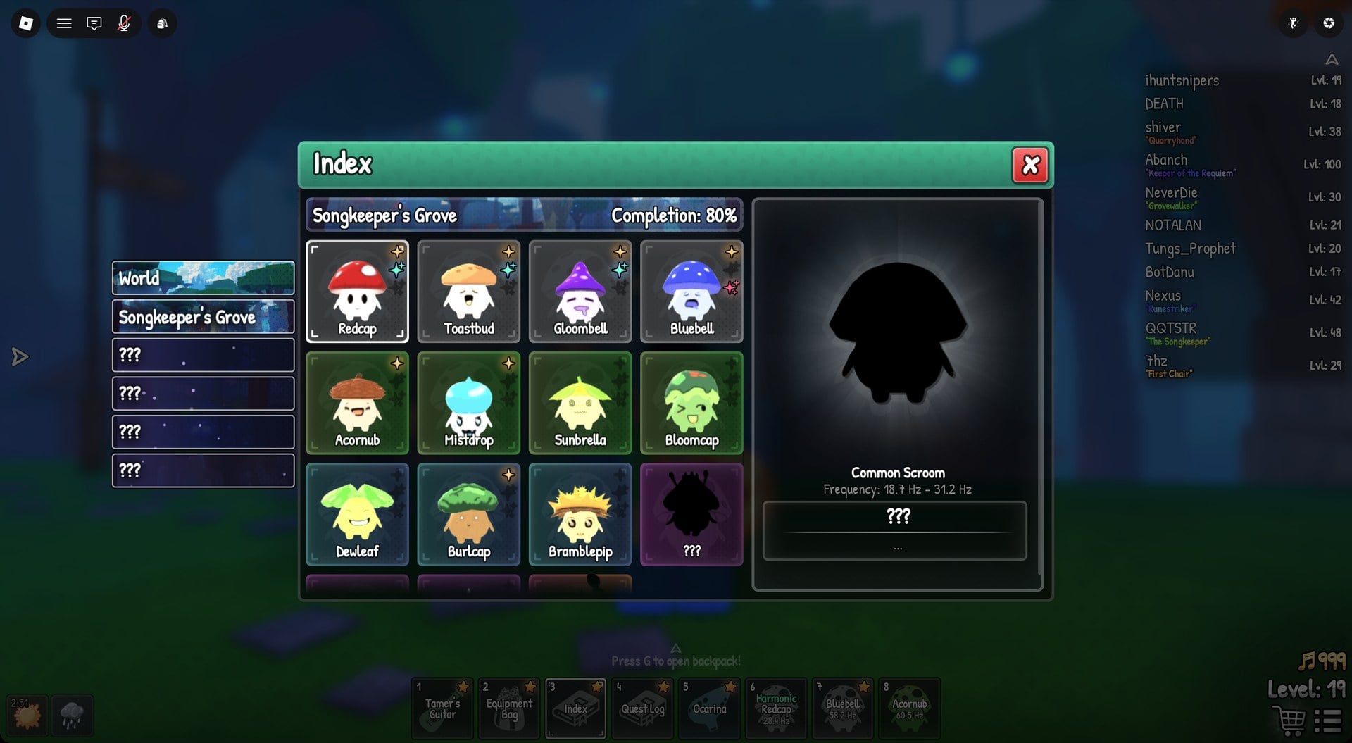 Songkeeper's Grove Index page at Completion 80% with the Bramblepip card filled in