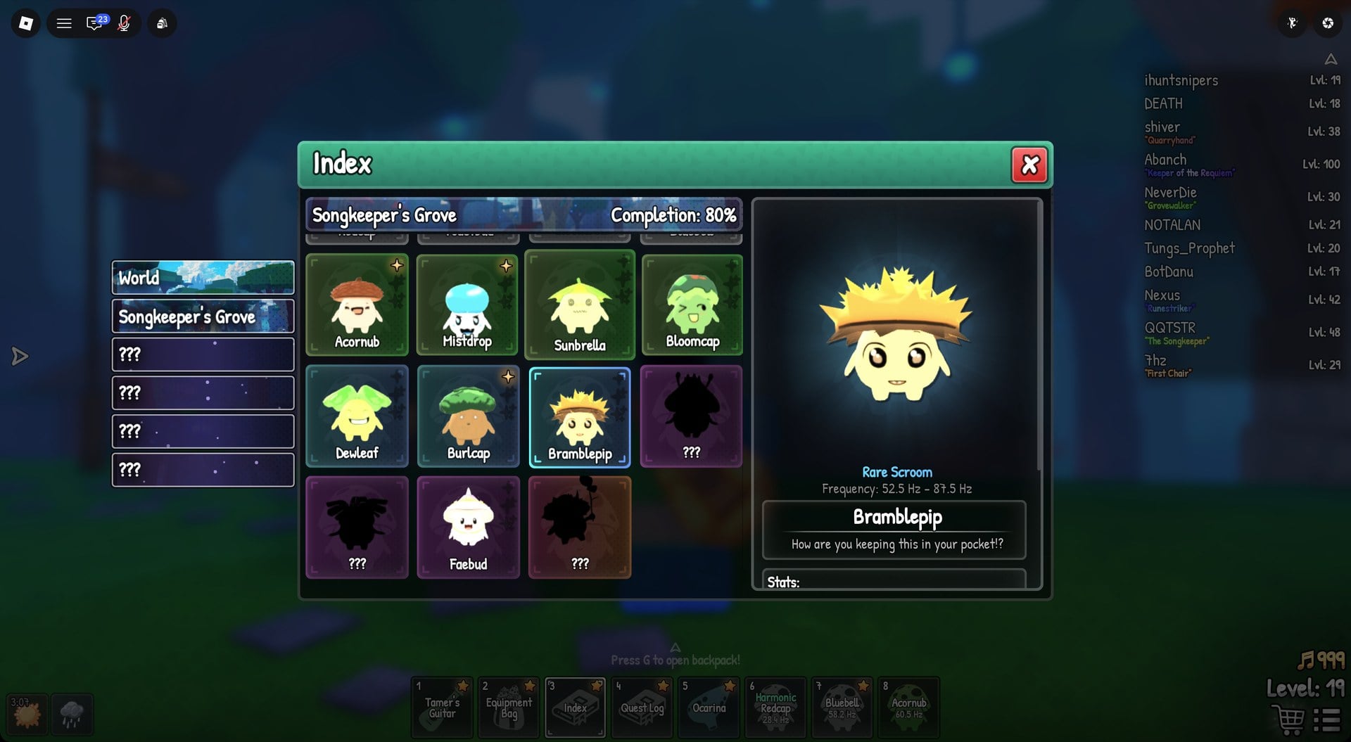 The Songkeeper's Grove Index page with Faebud among the purple Wondrous cards
