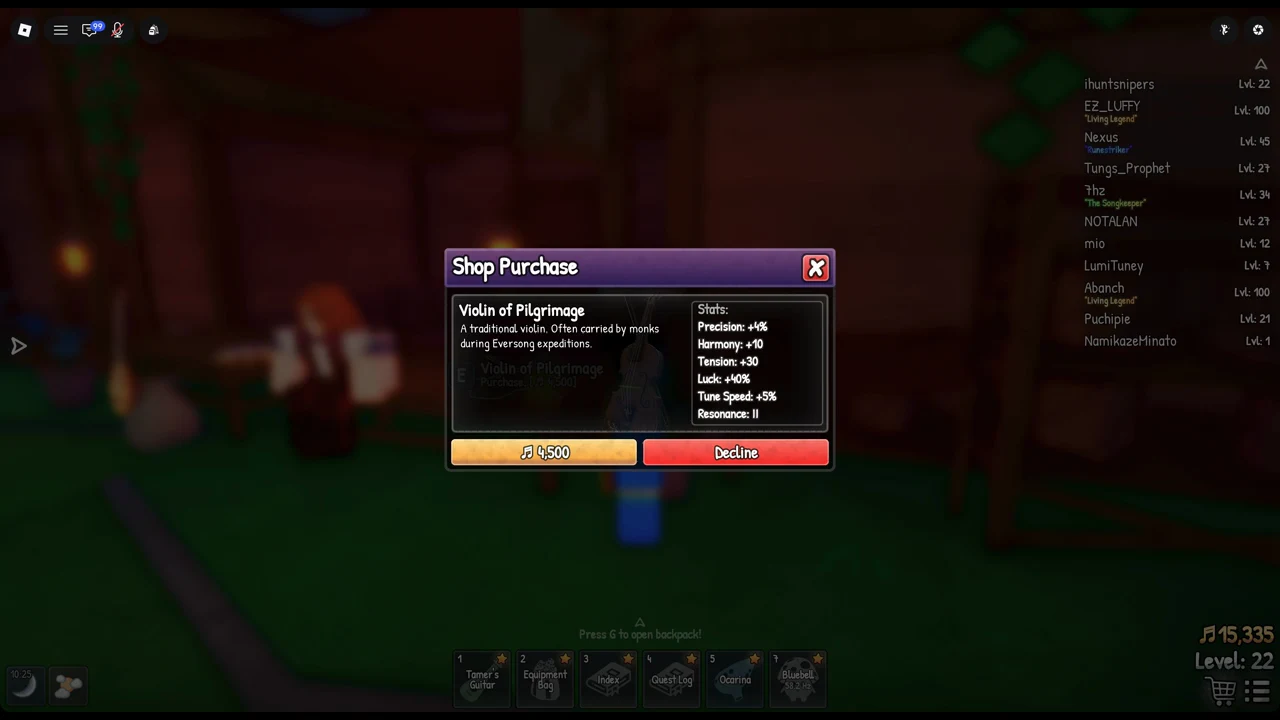 Shop Purchase window for the Violin of Pilgrimage with buy and Decline buttons